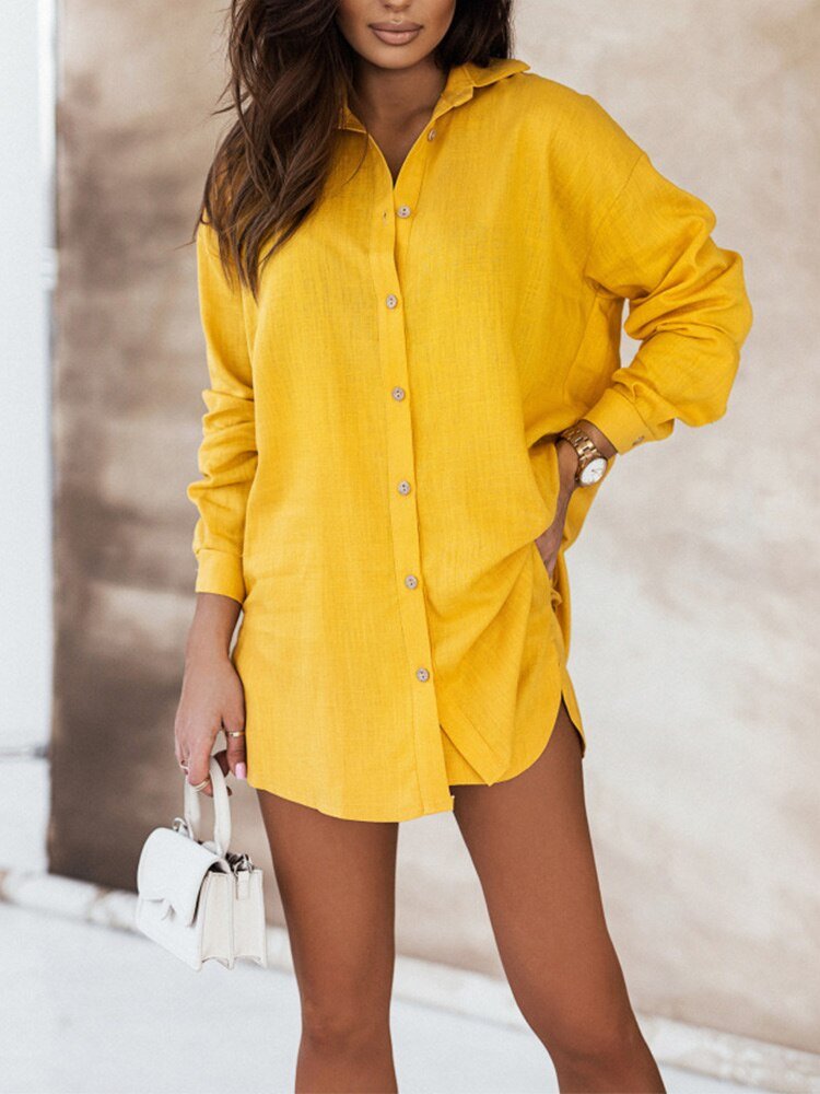 Women's Set - Casual Button-Up Shirt & Matching Shorts - Comfortable Fit