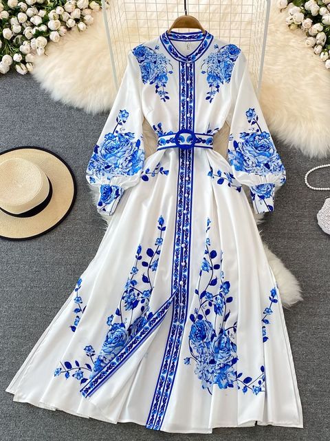 Women's Dress - Long-Sleeved - Elegant Cut - Waist Belt - Floral Pattern