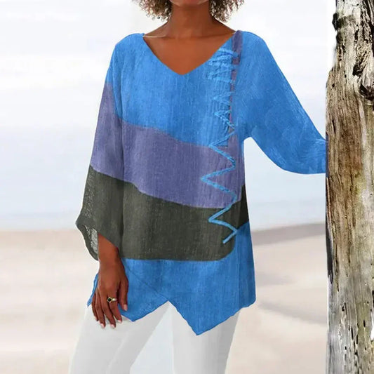 Women's Blouse – Relaxed Fit – V-Neck – 3/4 Sleeves – Breathable Material – Asymmetric Hem