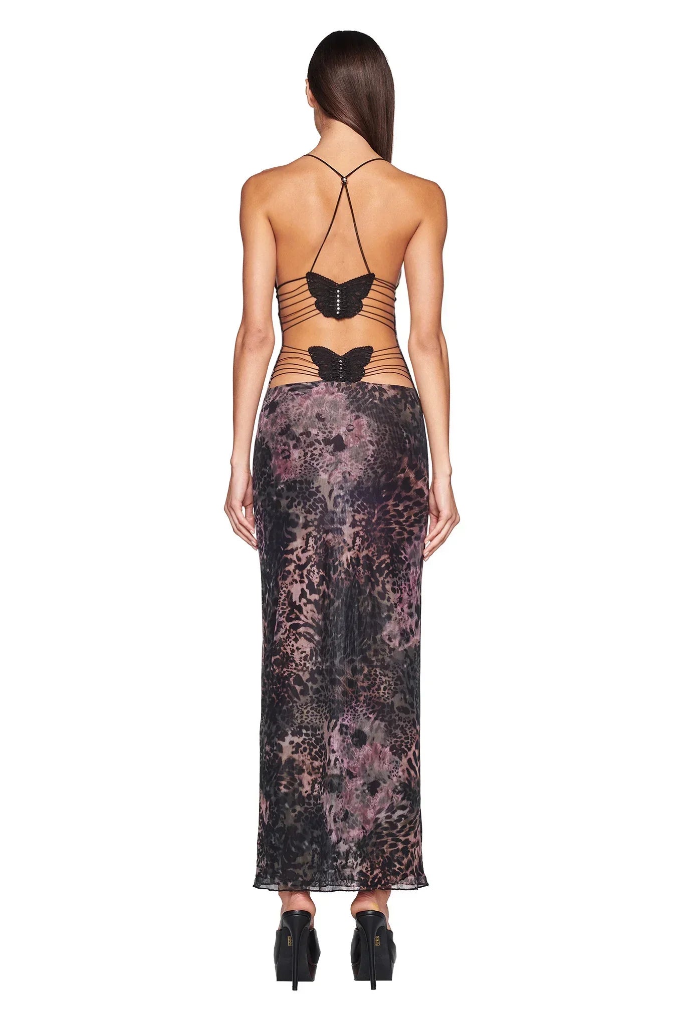 Women's Maxi Dress – Sleeveless – Open Back with Butterfly Details – Slim Fit