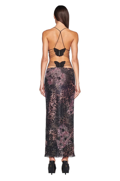 Women's Maxi Dress – Sleeveless – Open Back with Butterfly Details – Slim Fit