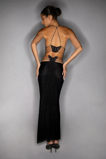 Women's Maxi Dress – Sleeveless – Open Back with Butterfly Details – Slim Fit