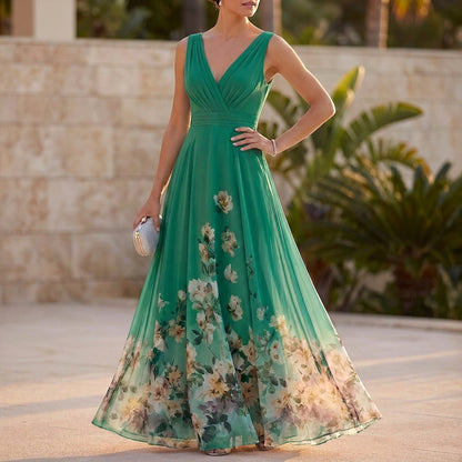 High-Waisted Pleated A-Line Maxi Dress for Women – Elegant Floral Style