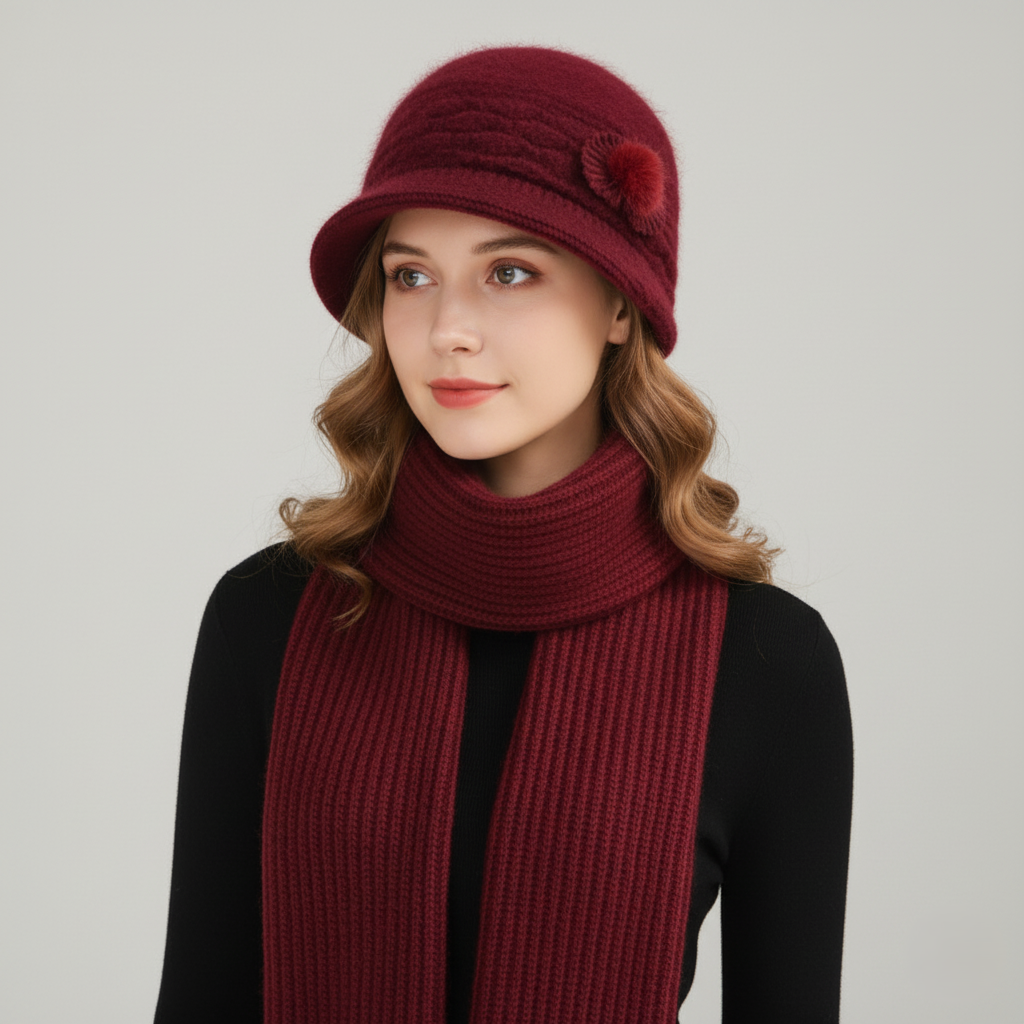 Nora Knit Cloche Hat – Pom Detail – Textured Diamond Stitch