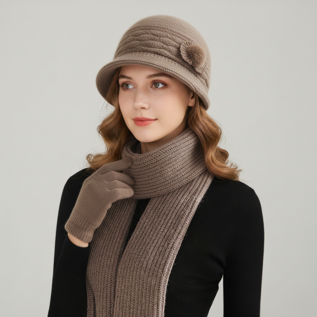 Nora Knit Cloche Hat – Pom Detail – Textured Diamond Stitch