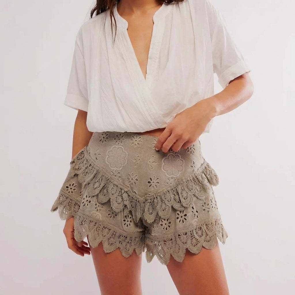 Ruffled Scalloped Eyelet Embroidered Shorts for Women – Stylish & Comfortable Casual