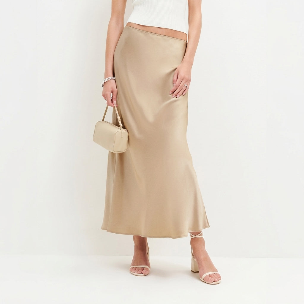 Draped Shiny Finish Flowy Silhouette Midi Skirt for Women – Elegant Day to Evening Style