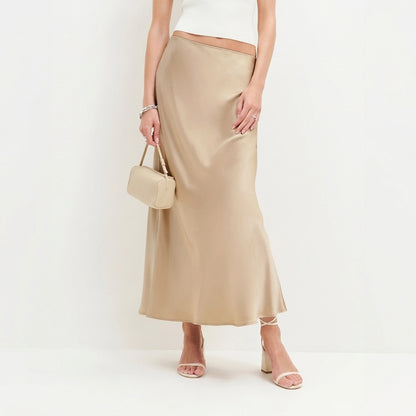 Draped Shiny Finish Flowy Silhouette Midi Skirt for Women – Elegant Day to Evening Style