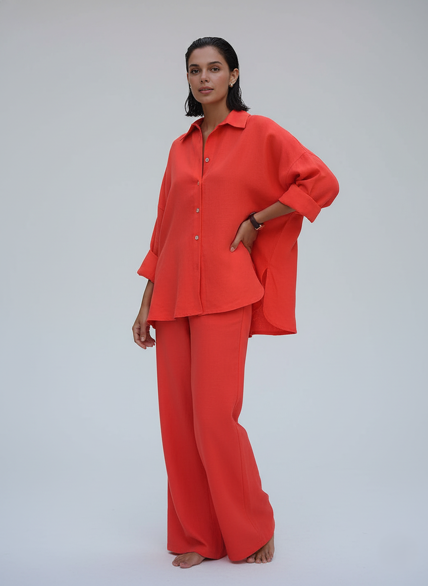 Women's Set – Linen Blend – Oversized Fit – Long Sleeve Shirt & Wide Pants