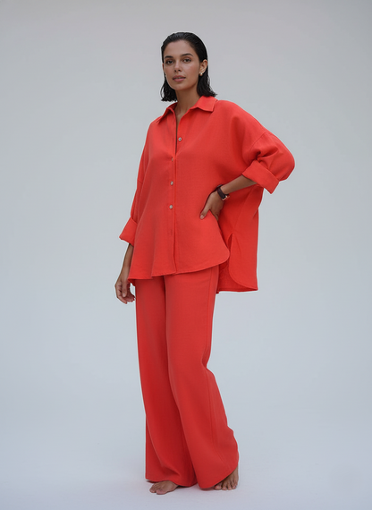 Women's Set – Linen Blend – Oversized Fit – Long Sleeve Shirt & Wide Pants