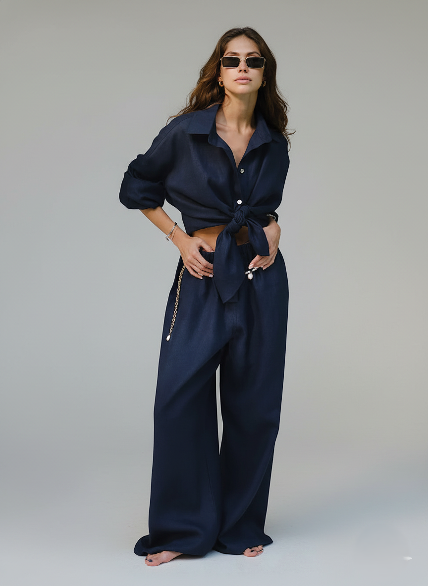 Women's Set – Linen Blend – Oversized Fit – Long Sleeve Shirt & Wide Pants