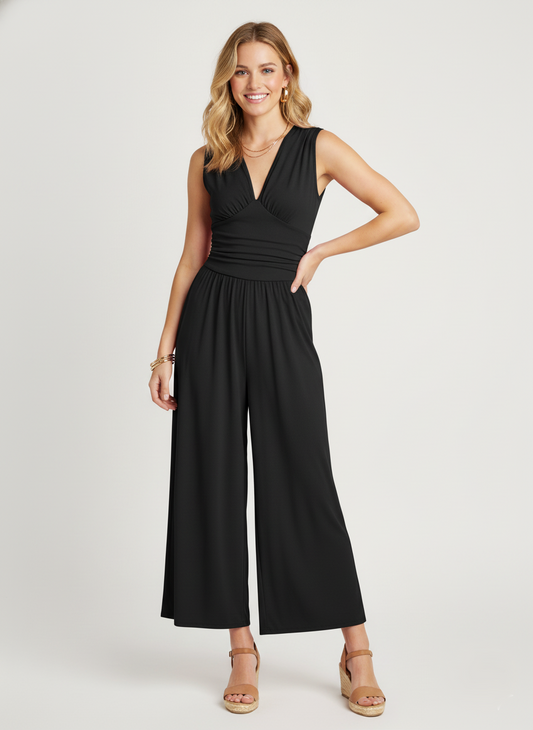 Women's Jumpsuit – Wide Legs – V-neck Wrap – Sleeveless – Fitted Waist – Breathable Blend
