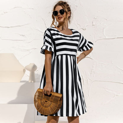 Women's Dress - A-Line Cut - Short Puff Sleeves - Round Neck - Striped Design