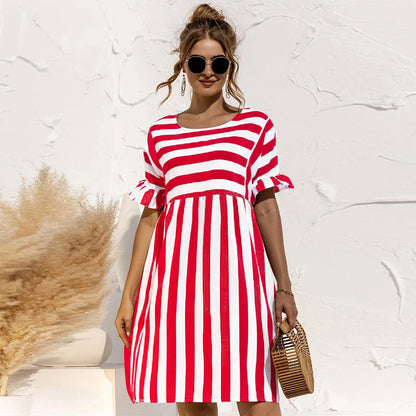 Women's Dress - A-Line Cut - Short Puff Sleeves - Round Neck - Striped Design