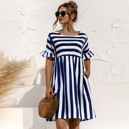 Women's Dress - A-Line Cut - Short Puff Sleeves - Round Neck - Striped Design