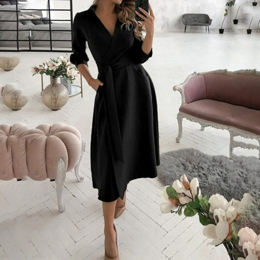 Women's Wrap Dress - Midi Length - Long Sleeved - Adjustable Waistband - Elegant Fit