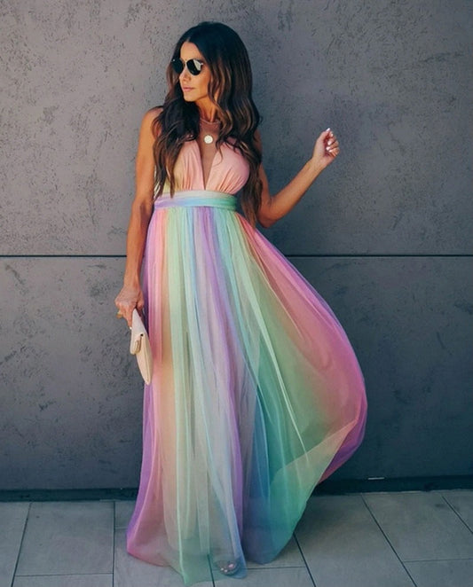 Women's Maxi Dress - Sleeveless Halterneck - Long Airy Party Dress