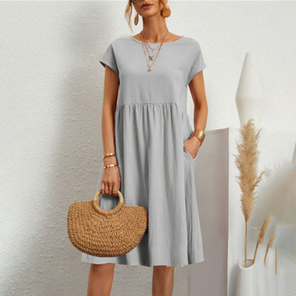 Women's Dress - Loose Fit - Round Neck - Short Sleeves - Light and Breathable