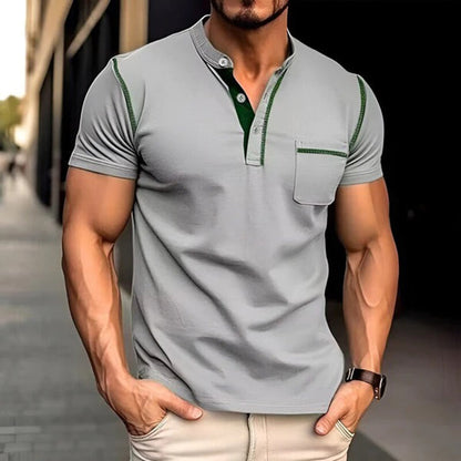 Men's Henley T-shirt - Button Closure - Chest Pocket - Short Sleeved - Slim Fit