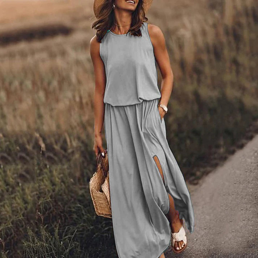 Women's Maxi Dress - Sleeveless and Light - Elastic Waist - Elegant with Side Slit