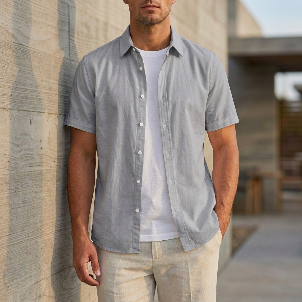 Relaxed Fit Collared Short Sleeve Button-Up Shirt for Men – Casual Comfort & Style