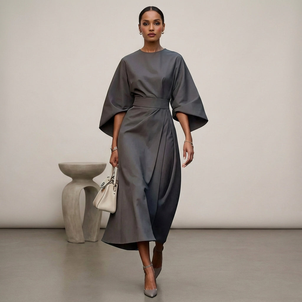 Relaxed Fit Belted Draped Midi Dress for Women – Elegant Stylish Comfort
