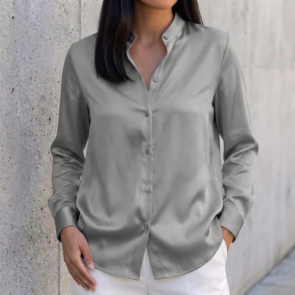 Tailored Relaxed Fit Band Collar Button-Up Shirt for Women – Timeless & Versatile