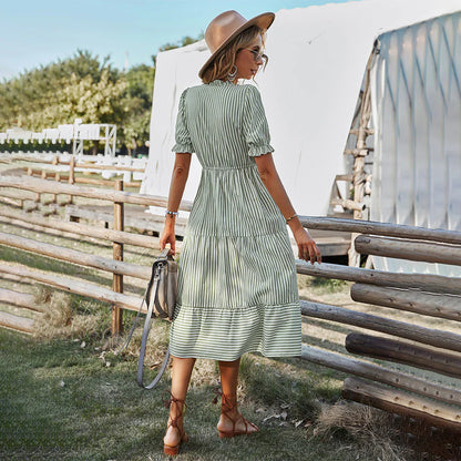 Women's Dress - Bohemian V-neck - Button Closure - Puff Sleeves - Light and Breathable