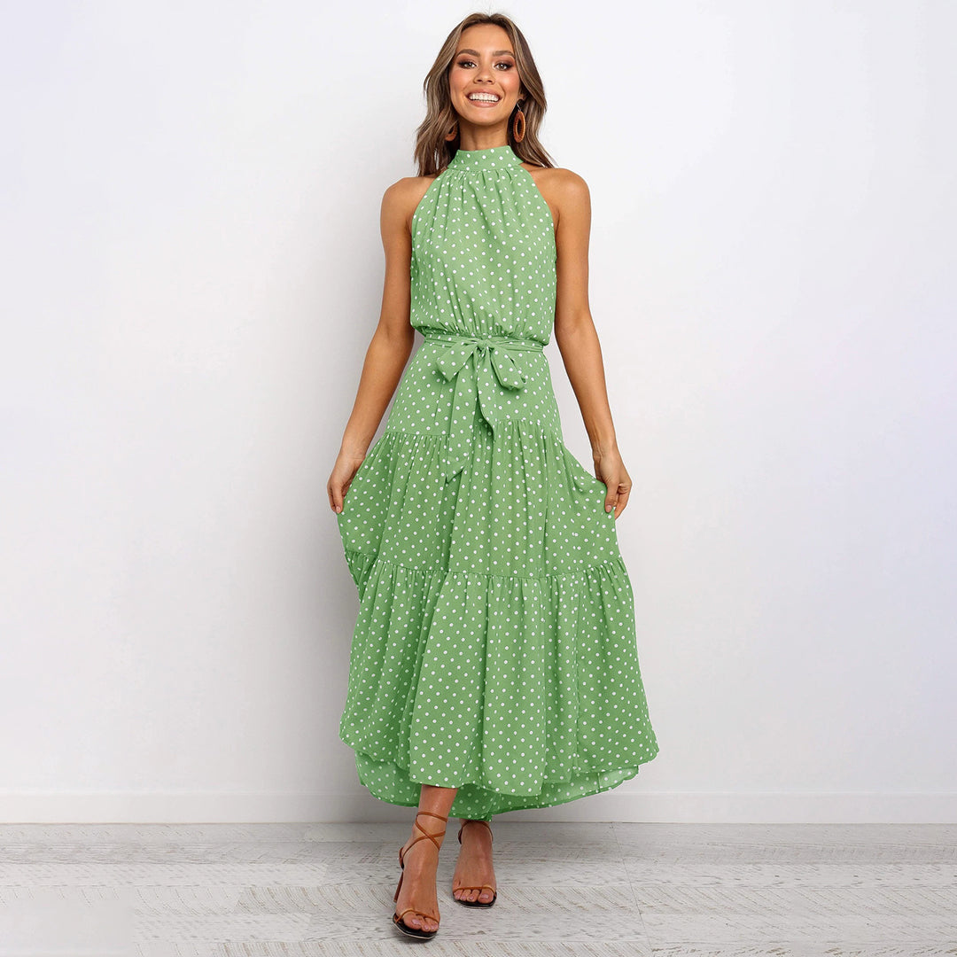 Women's Midi Dress - Sleeveless Halterneck - Waistband & Polka Dot Pattern - Loose Fit