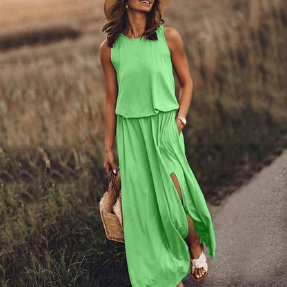 Women's Maxi Dress - Sleeveless and Light - Elastic Waist - Elegant with Side Slit
