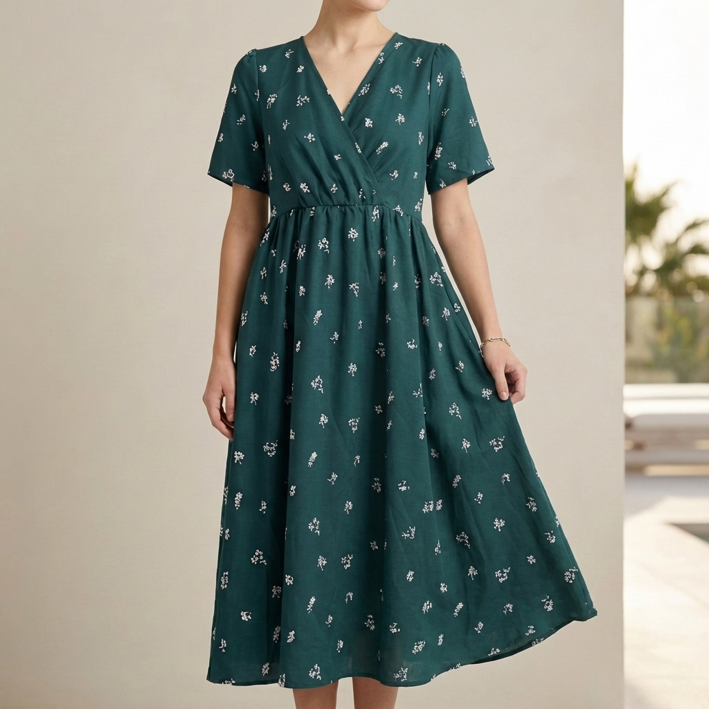 Loose Fit A-Line Wrap Front Midi Dress for Women – Stylish Comfortable Elegance