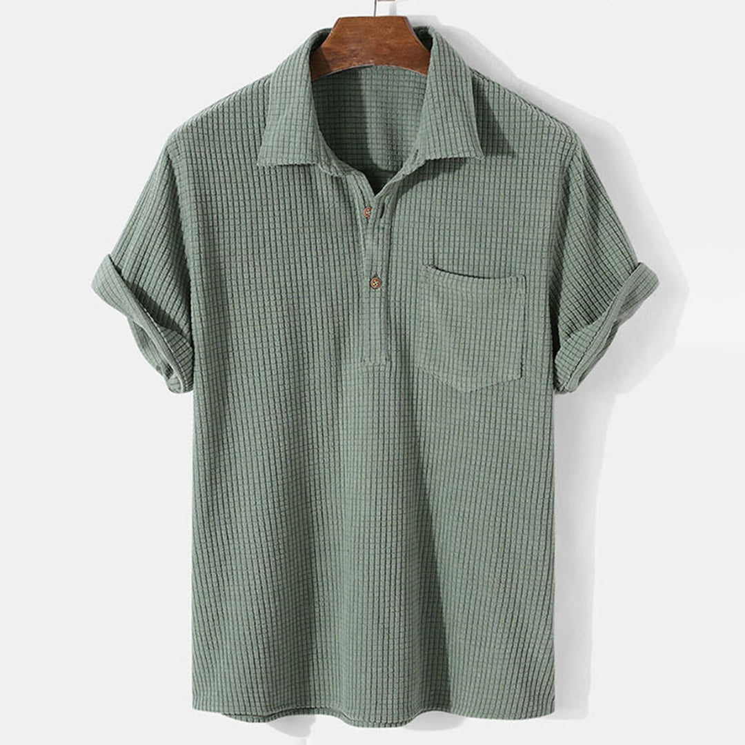Men's Polo Shirt - Ribbed Texture - Button Closure - Short Sleeve - Chest Pocket