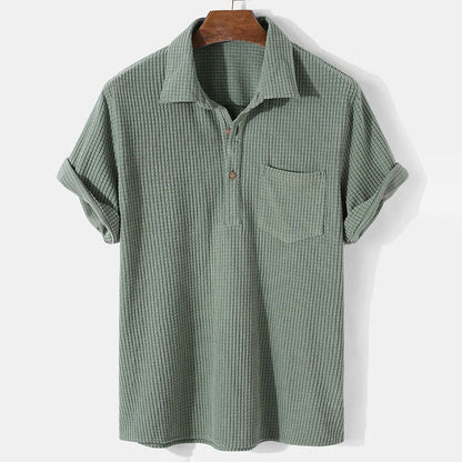 Men's Polo Shirt - Ribbed Texture - Button Closure - Short Sleeve - Chest Pocket