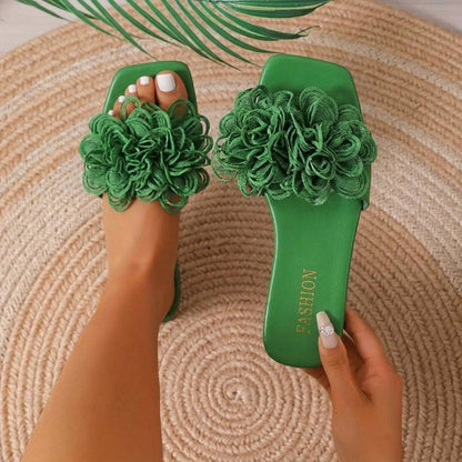 Women's Slide Sandals - Floral Appliqué - Flat Sole Comfort for Summer Days