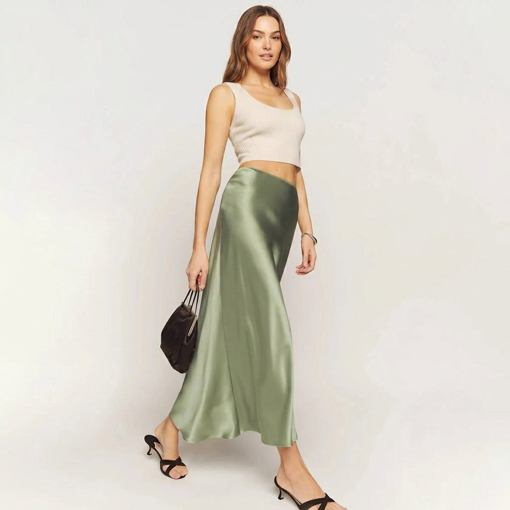 Draped Shiny Finish Flowy Silhouette Midi Skirt for Women – Elegant Day to Evening Style