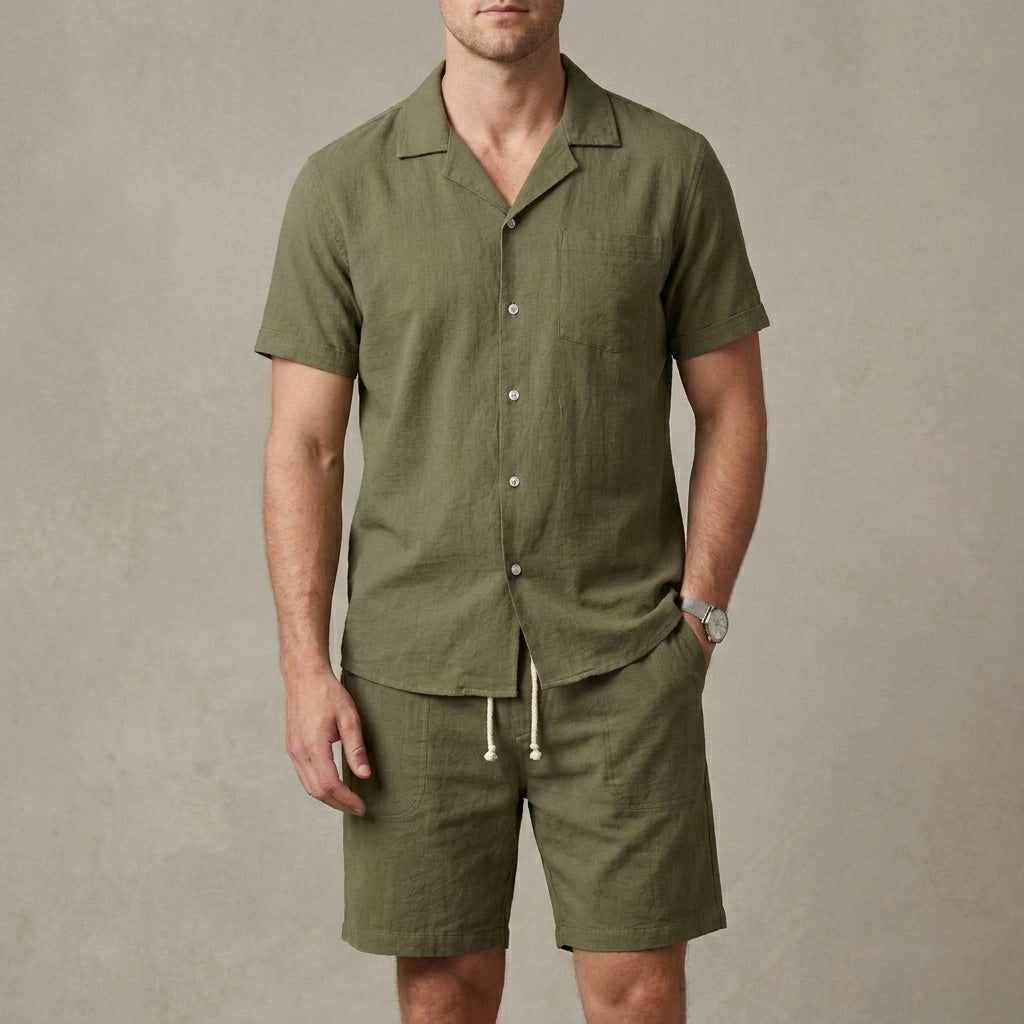 Relaxed Fit Cuban Collar Shirt and Drawstring Shorts Set for Men – Casual Comfort & Style