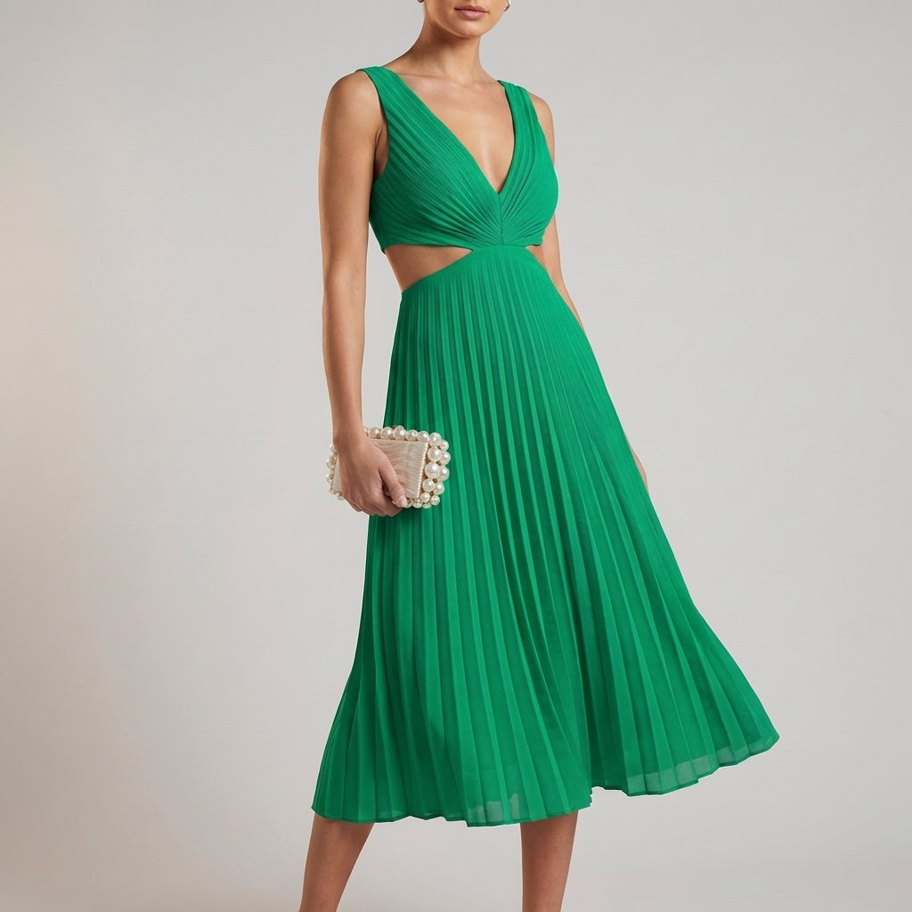 Pleated Cutout Midi Dress for Women – Graceful Elegance & Flowing Style
