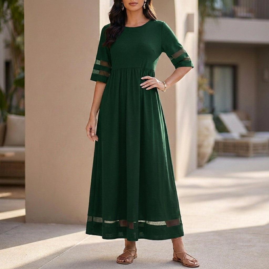Sheer Panel Gathered Waist A-Line Maxi Dress for Women – Elegant Casual Comfort