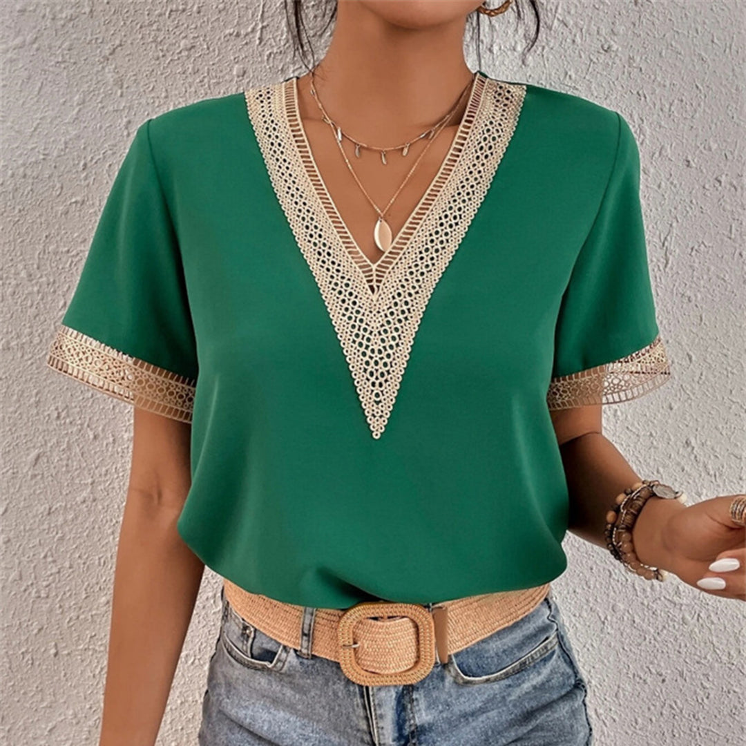 Women's T-shirt - V-neck with Lace - Short-sleeved Loose Fit - Elegant & Comfortable