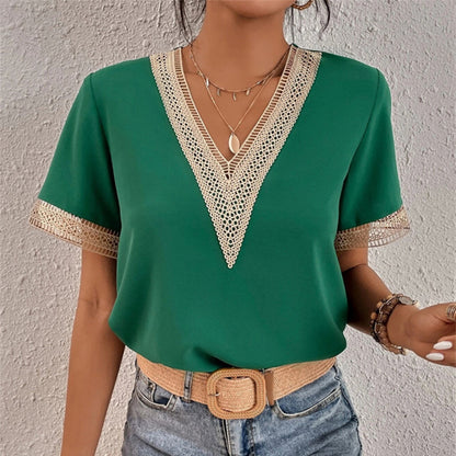 Women's T-shirt - V-neck with Lace - Short-sleeved Loose Fit - Elegant & Comfortable