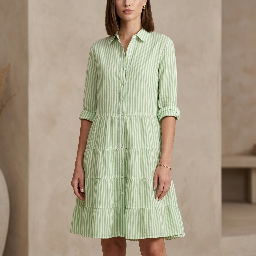 Relaxed Fit Tiered Striped Shirt Dress for Women – Stylish Casual Comfort