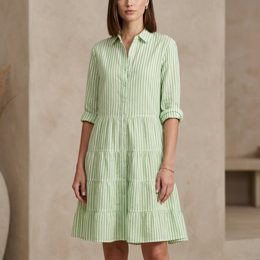 Relaxed Fit Tiered Striped Shirt Dress for Women – Stylish Casual Comfort