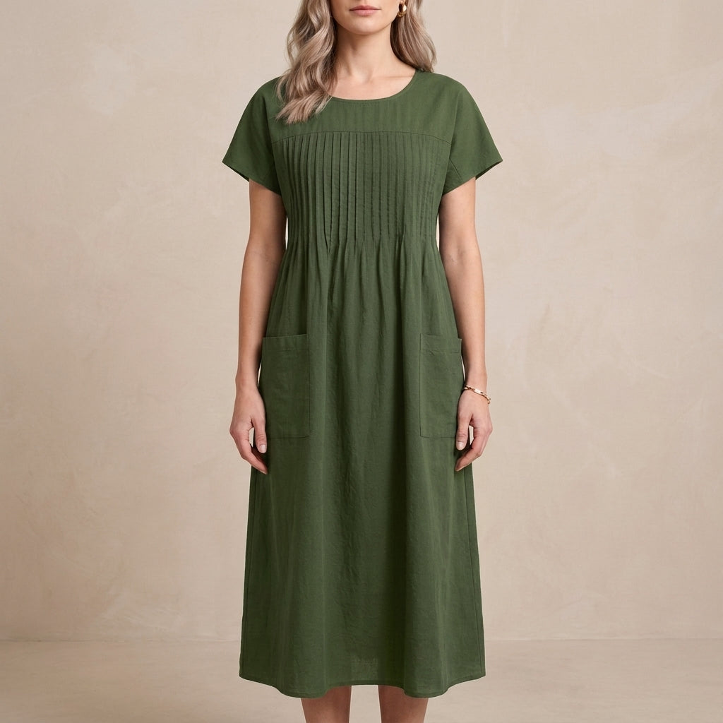 Pleated Pocket Midi Dress for Women – Relaxed Everyday Elegance