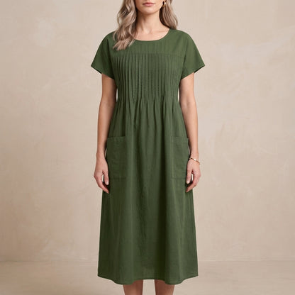 Pleated Pocket Midi Dress for Women – Relaxed Everyday Elegance
