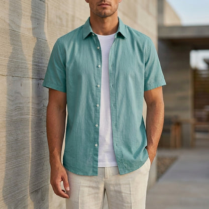 Relaxed Fit Collared Short Sleeve Button-Up Shirt for Men – Casual Comfort & Style