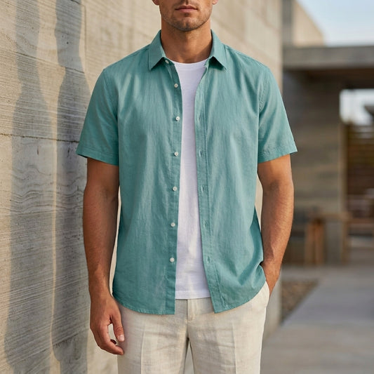 Relaxed Fit Collared Short Sleeve Button-Up Shirt for Men – Casual Comfort & Style