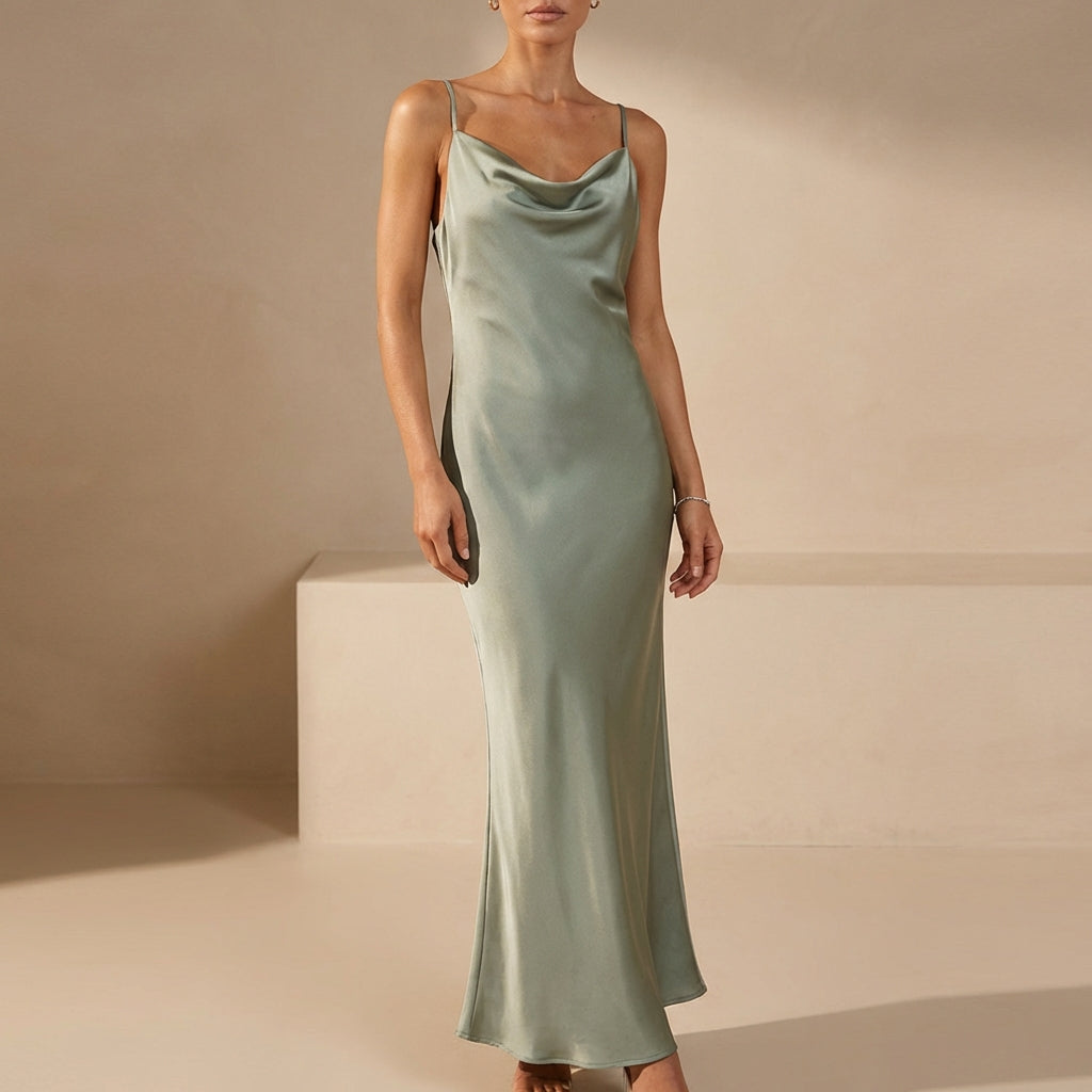 Satin Cowl Neck Maxi Dress for Women – Elegant Evening Glamour