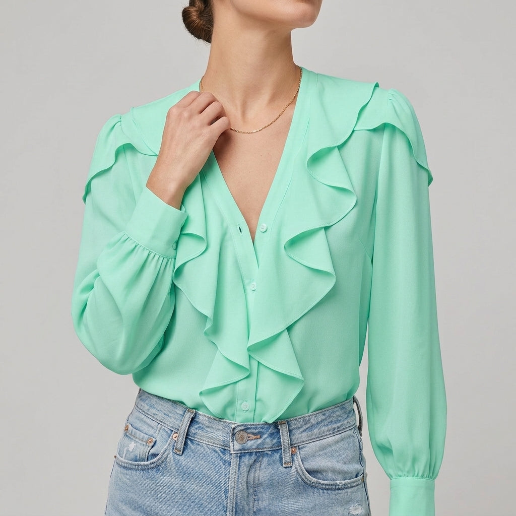 Layered Ruffle V-Neck Blouse for Women – Chic Feminine Elegance