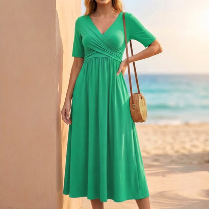 A-Line Wrap Bodice Midi Dress for Women – Elegant Comfortable Design
