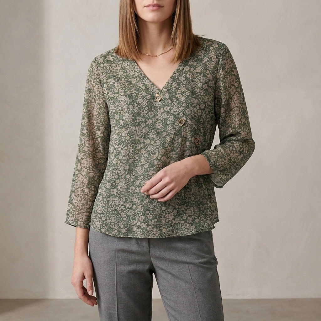 Relaxed Fit Printed V-Neck Blouse for Women – Effortless Casual Elegance